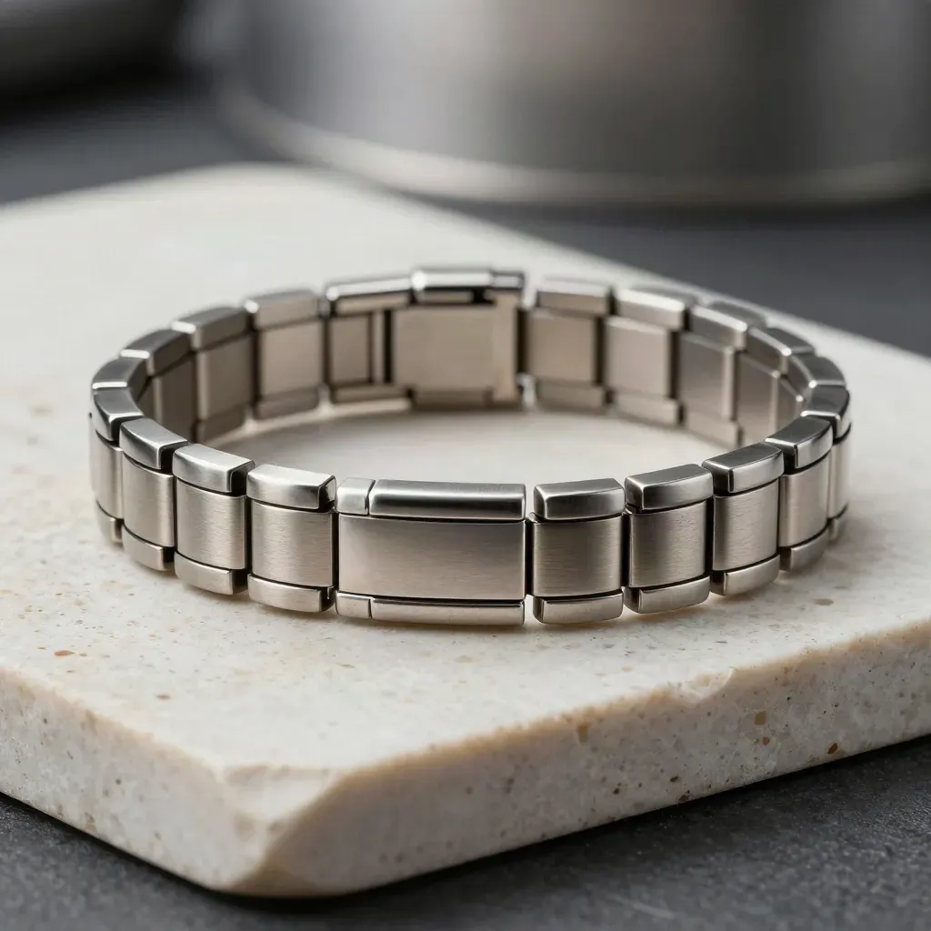 Brushed steel bracelet on travertine tray with a crisp cuff edge in cool rim light