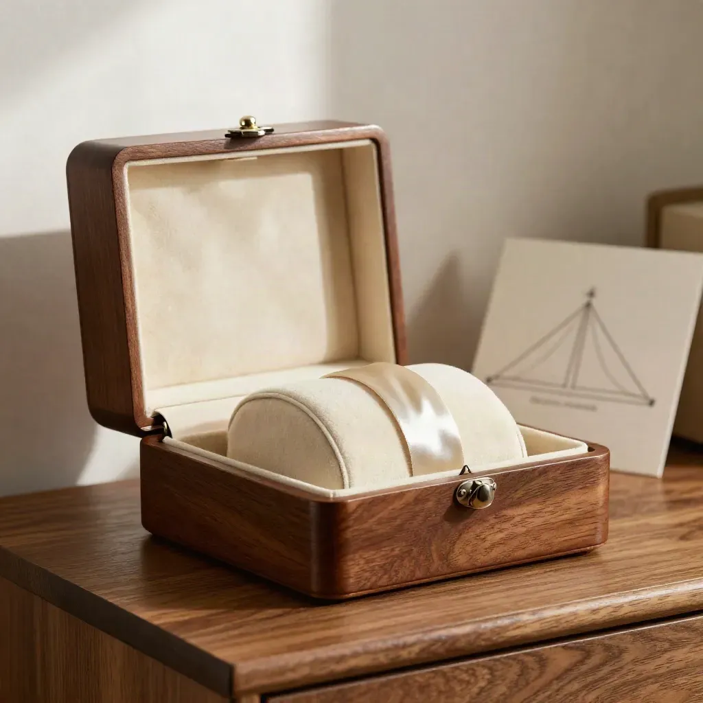 Open walnut watch box with velvet insert, satin tie and ivory card on a moody shelf.