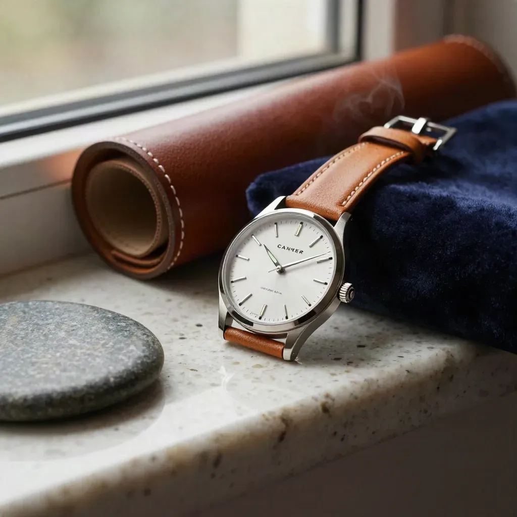 Luxury automatic watch on stone beside a leather roll, glowing in soft navy-toned daylight.